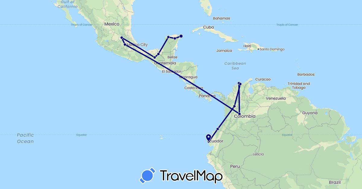 TravelMap itinerary: driving in Colombia, Ecuador, Mexico (North America, South America)